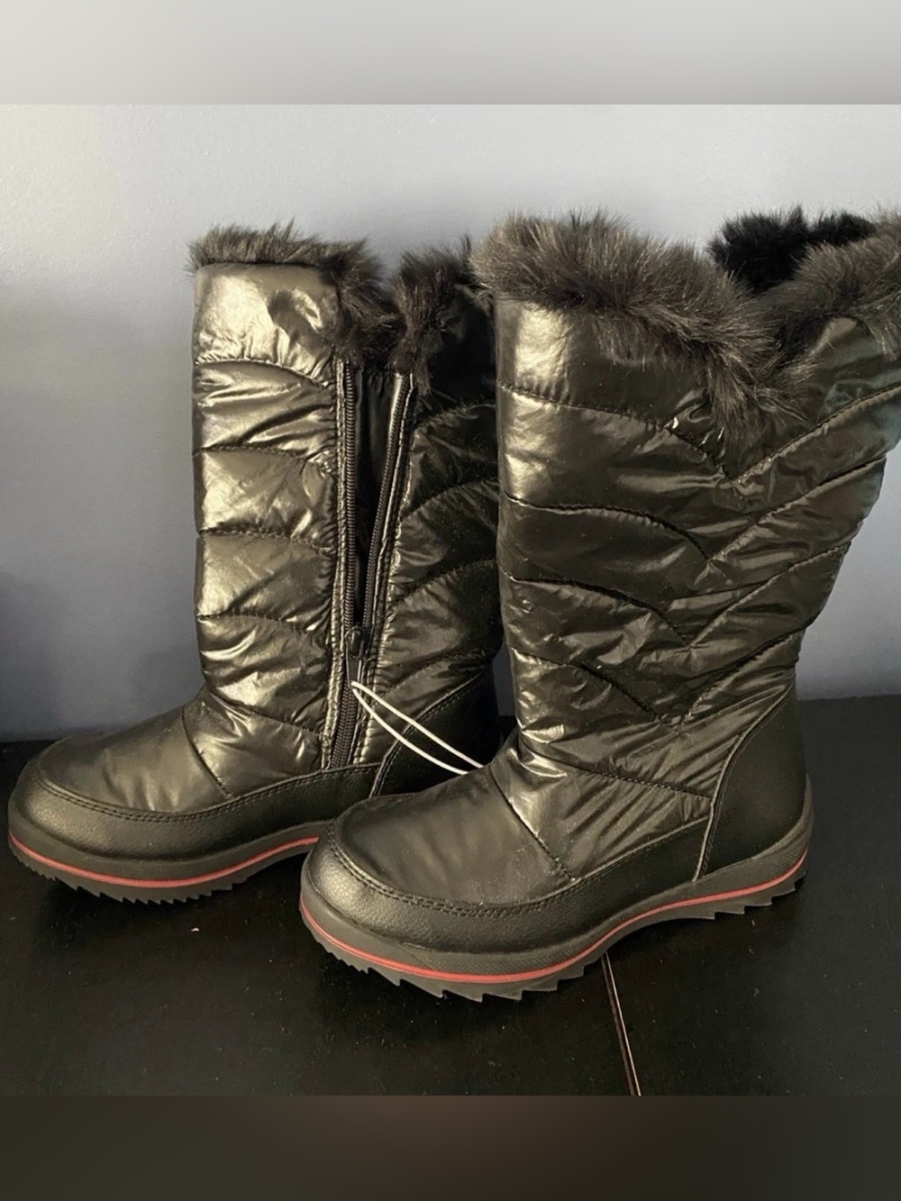 Cat & Jack Girls' Nicole Zipper Black Winter Snow Cold Boots Fur Trim Size 3